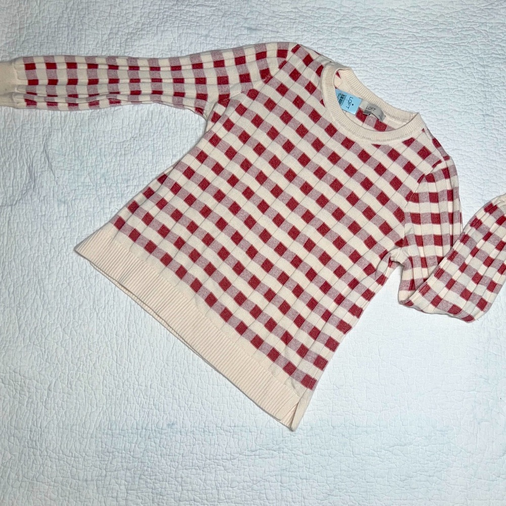 2020 NWT LOFT Women's Cream & Pink Square Patterned Long Sleeve Sweater; LP